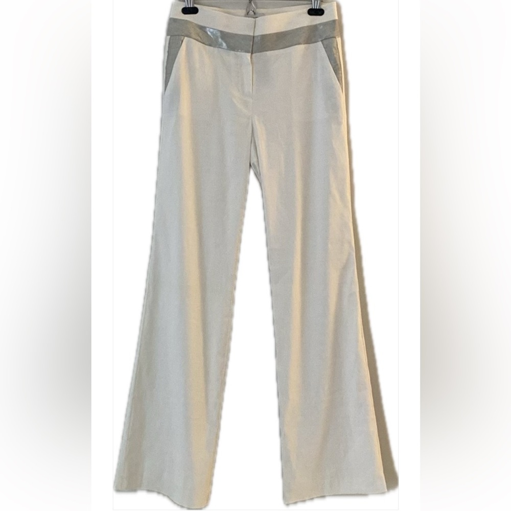 BEBE White & Silver wide leg trousers, linen blend silver contrast trim. 8